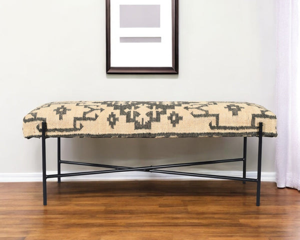 Homeroots 48" Cream And Black Cotton Blend Upholstered Southwest Bench  Metal 548264