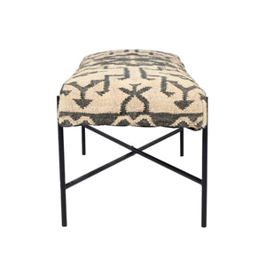 Homeroots 48" Cream And Black Cotton Blend Upholstered Southwest Bench  Metal 548264