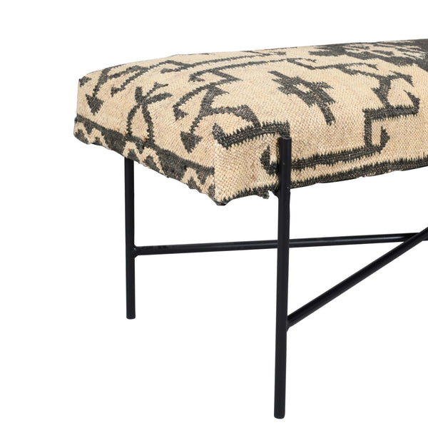 Homeroots 48" Cream And Black Cotton Blend Upholstered Southwest Bench  Metal 548264