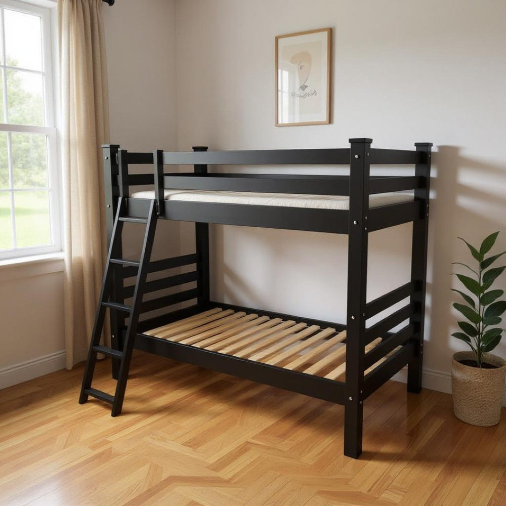 HomeRoots Black Queen Over Queen Bunk Bed - Elegant Solid Wood Design with Safety Features for Shared Spaces 548300