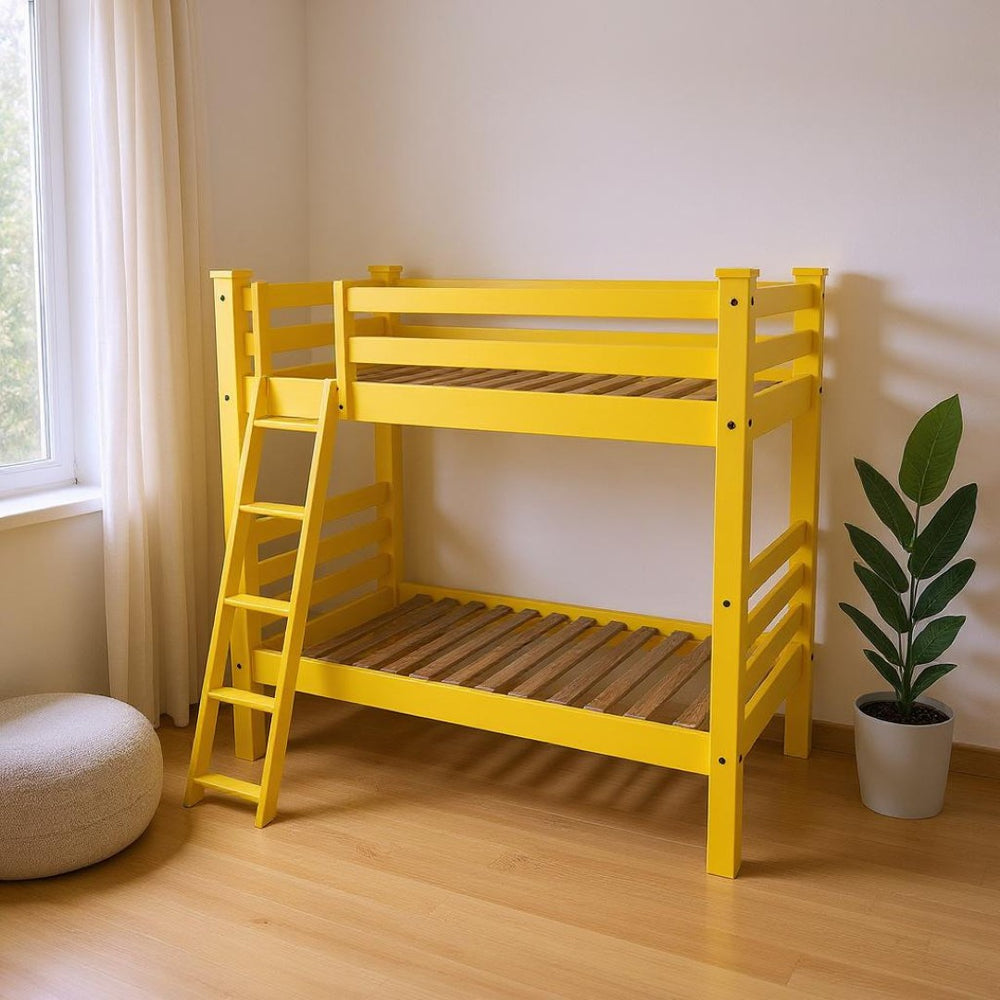HomeRoots Yellow Queen Solid Wood Bunk Bed - Space-Saving Design for Families, Stylish & Safe Sleep Solution 548301