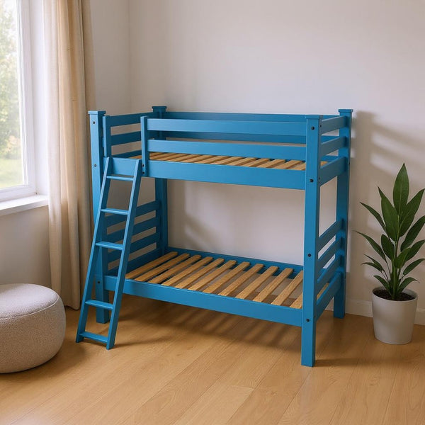 HomeRoots Blue Queen Solid Wood Bunk Bed – Stylish, Safe & Space-Saving Design for Shared Bedrooms & Guests 548302