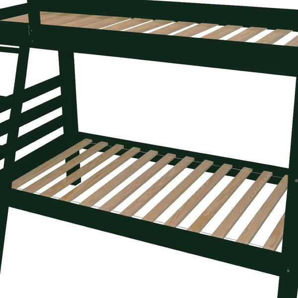 HomeRoots Green Queen Solid Wood Bunk Bed - Stylish Space-Saving Design with Safety Features for All Ages 548304