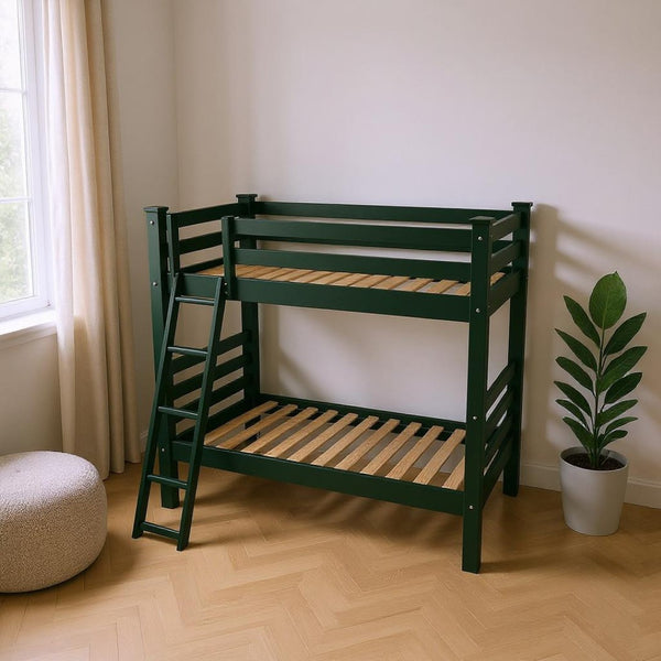 HomeRoots Green Queen Solid Wood Bunk Bed - Stylish Space-Saving Design with Safety Features for All Ages 548304