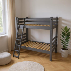 HomeRoots Gray Queen Solid Wood Bunk Bed – Stylish Space Saver with Safety Features for Guest Rooms & More 548305