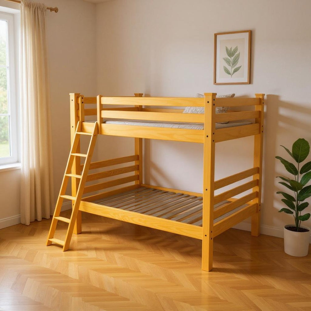 HomeRoots Yellow Queen-Over-Queen Solid Wood Bunk Bed: Stylish, Safe, & Space-Saving Design for Any Room 548307