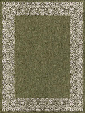 Unique Loom Outdoor Border Floral Border Machine Made Floral Rug Green, Ivory/Gray 10' 0" x 13' 0"