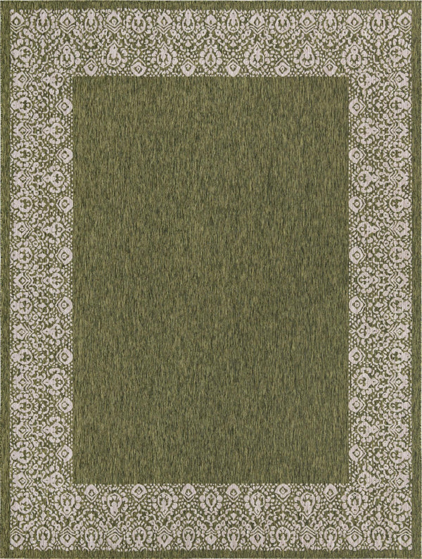 Unique Loom Outdoor Border Floral Border Machine Made Floral Rug Green, Ivory/Gray 10' 0" x 13' 0"