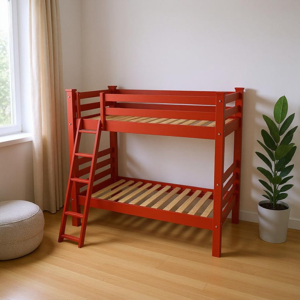 HomeRoots Red Queen Bunk Bed - Vibrant Solid Wood Design for Kids' Rooms, Safety Features & Space-Saving Style 548310