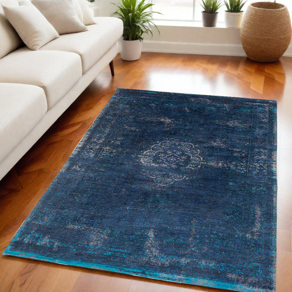 Homeroots 5' X 7' Blue And Gray Medallion Non Skid Area Rug  100% Pet 548335