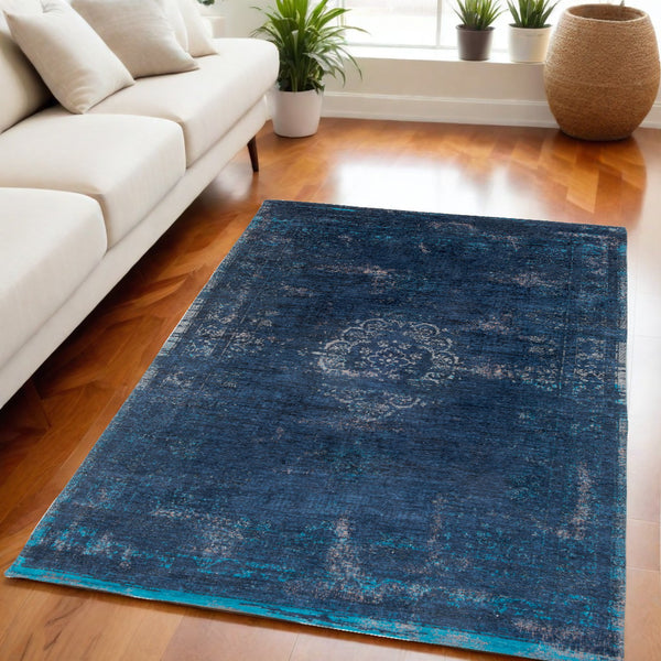 Homeroots 5' X 7' Blue And Gray Medallion Non Skid Area Rug  100% Pet 548335