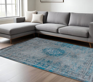 HomeRoots 3' Gray and Green Medallion Non-Skid Area Rug – Stylish and Safe for High Traffic Spaces, Easy Care 7' X 9' 548343