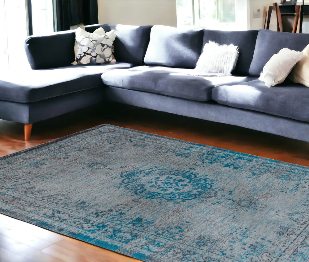HomeRoots 3' Gray and Green Medallion Non-Skid Area Rug – Stylish and Safe for High Traffic Spaces, Easy Care 9' X 13' 548345