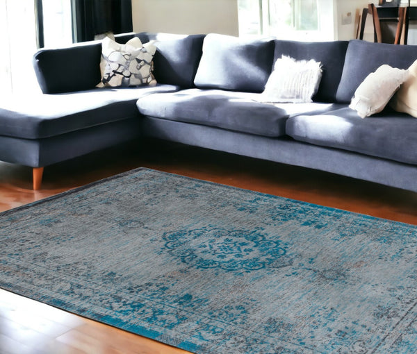 HomeRoots 3' Gray and Green Medallion Non-Skid Area Rug – Stylish and Safe for High Traffic Spaces, Easy Care 9' X 13' 548345