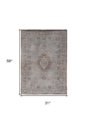 HomeRoots 3' Gray and Beige Medallion Area Rug with Non-Skid Backing - Stylish Comfort for High-Traffic Areas 3' X 5' 548346