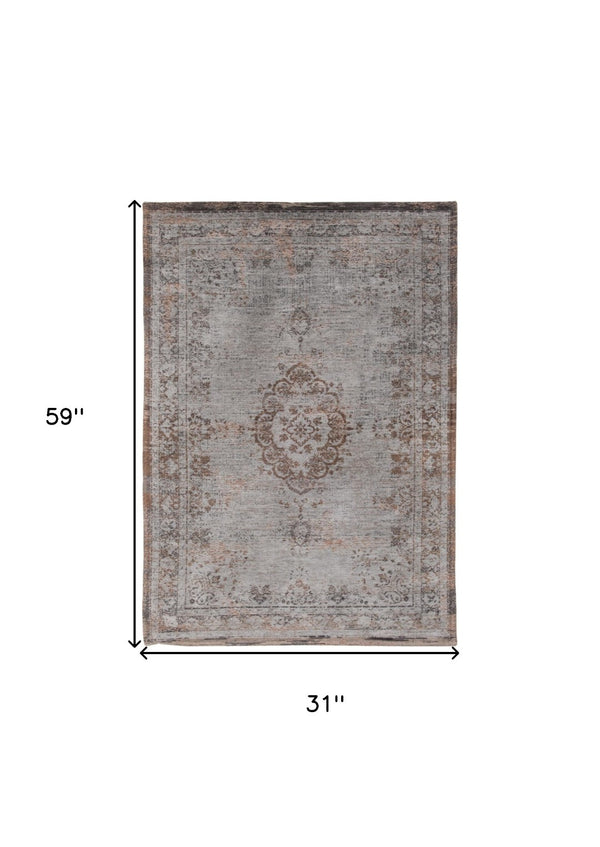 HomeRoots 3' Gray and Beige Medallion Area Rug with Non-Skid Backing - Stylish Comfort for High-Traffic Areas 3' X 5' 548346