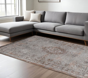 HomeRoots 3' Gray and Beige Medallion Area Rug with Non-Skid Backing - Stylish Comfort for High-Traffic Areas 8' X 11' 548350