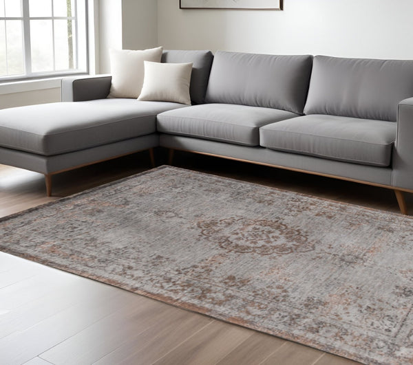 HomeRoots 3' Gray and Beige Medallion Area Rug with Non-Skid Backing - Stylish Comfort for High-Traffic Areas 8' X 11' 548350