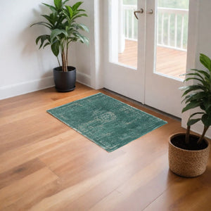 HomeRoots 3' Gray and Green Medallion Area Rug - Non-Skid Backing for Safe Entryways, Stylish and Durable Design 3' X 5' 548352