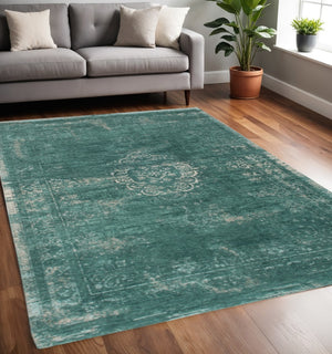 HomeRoots 3' Gray and Green Medallion Area Rug - Non-Skid Backing for Safe Entryways, Stylish and Durable Design 5' X 7' 548353