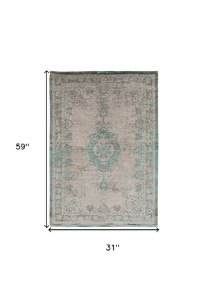 HomeRoots 3' Elegant Gray and Green Medallion Non-Skid Area Rug for Stylish Entryways and Kitchens 3' X 5' 548358