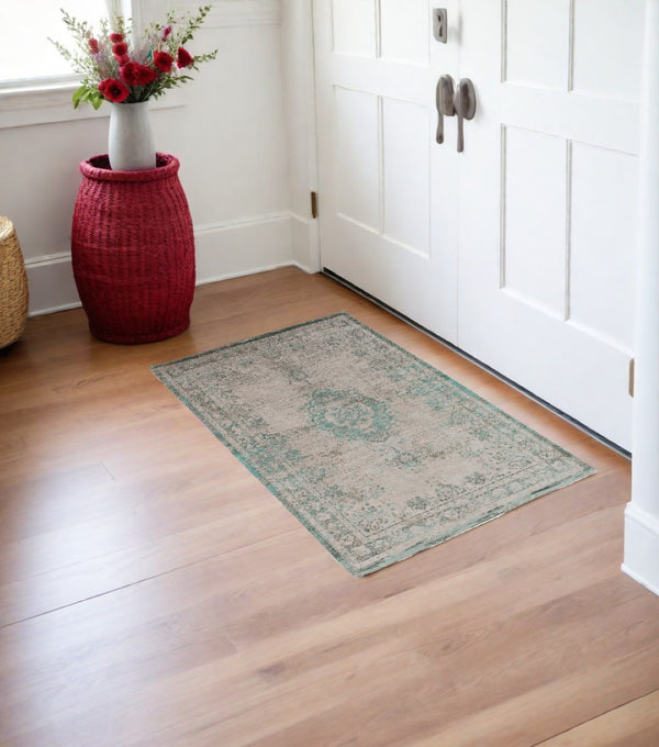 HomeRoots 3' Elegant Gray and Green Medallion Non-Skid Area Rug for Stylish Entryways and Kitchens 3' X 5' 548358