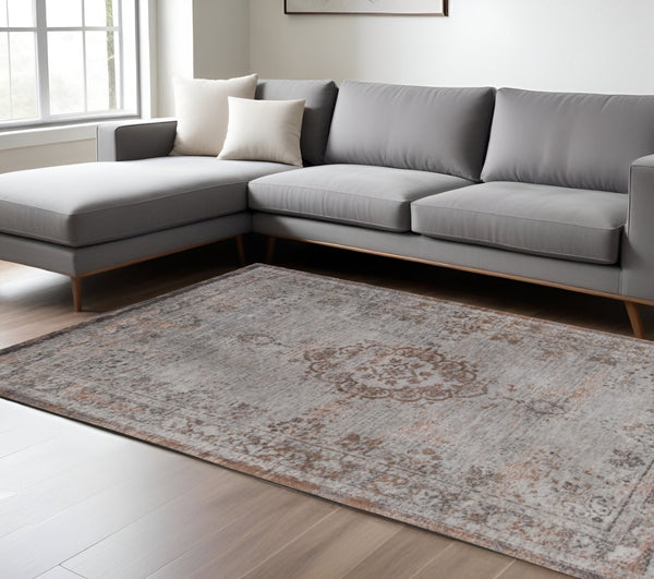 HomeRoots 3' Elegant Gray and Green Medallion Non-Skid Area Rug for Stylish Entryways and Kitchens 7' X 9' 548361