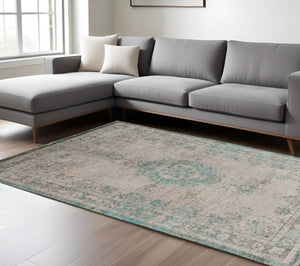 HomeRoots 3' Elegant Gray and Green Medallion Non-Skid Area Rug for Stylish Entryways and Kitchens 8' X 11' 548362