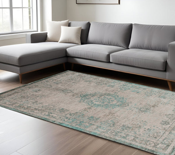 HomeRoots 3' Elegant Gray and Green Medallion Non-Skid Area Rug for Stylish Entryways and Kitchens 8' X 11' 548362
