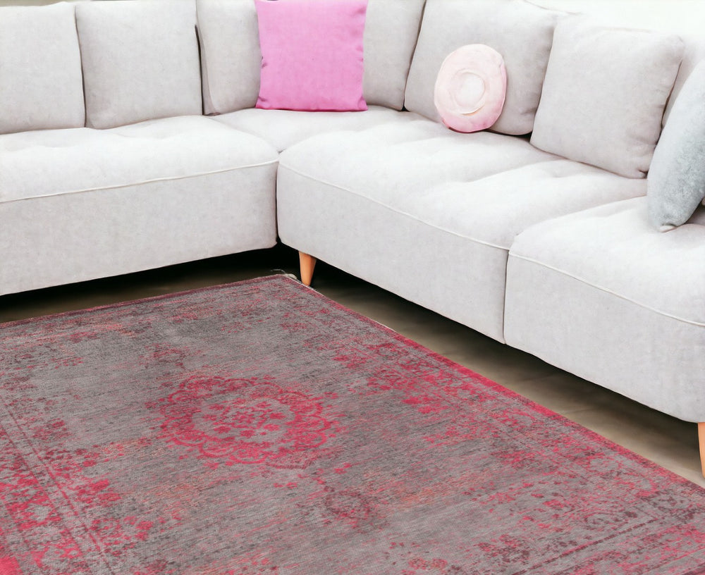 HomeRoots 3' Gray and Pink Medallion Area Rug - Elegant Non-Skid Design for Entryways and High-Traffic Spaces 7' X 9' 548373