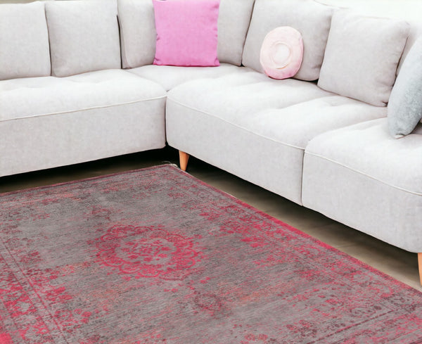 HomeRoots 3' Gray and Pink Medallion Area Rug - Elegant Non-Skid Design for Entryways and High-Traffic Spaces 7' X 9' 548373