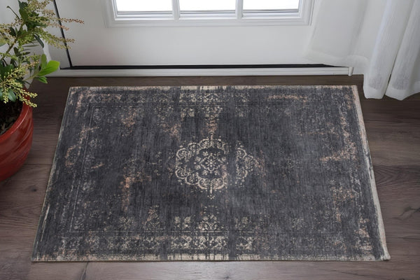 HomeRoots 3' Gray and Black Medallion Non-Skid Area Rug – Classic Style for Entryways, Kitchens & More 3' X 5' 548376