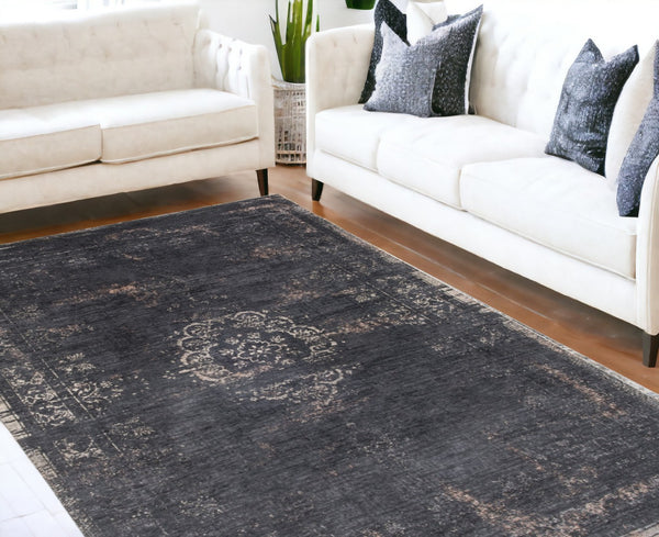 HomeRoots 3' Gray and Black Medallion Non-Skid Area Rug – Classic Style for Entryways, Kitchens & More 9' X 13' 548381
