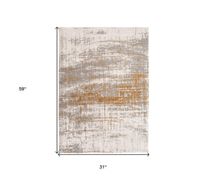 HomeRoots 3'' Gray and Gold Abstract Non-Skid Area Rug for High-Traffic Spaces - Elegant & Durable Design 3' X 5' 548388