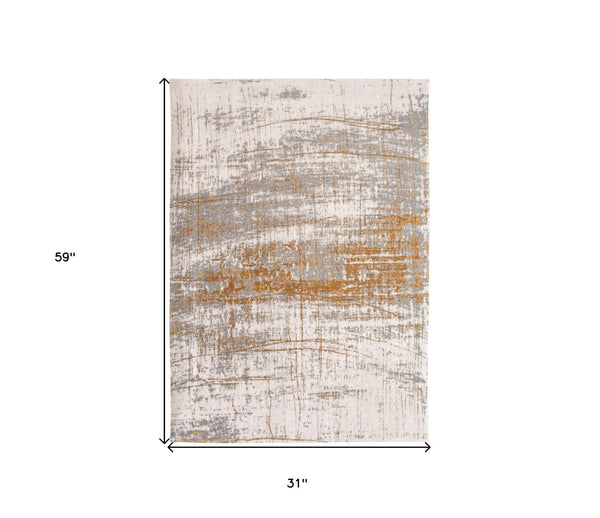 HomeRoots 3'' Gray and Gold Abstract Non-Skid Area Rug for High-Traffic Spaces - Elegant & Durable Design 3' X 5' 548388