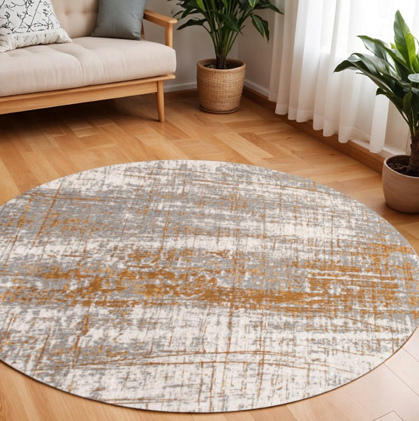 HomeRoots 3'' Gray and Gold Abstract Non-Skid Area Rug for High-Traffic Spaces - Elegant & Durable Design 8' Round 548395