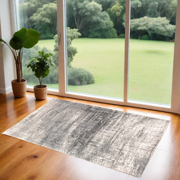 HomeRoots 3' Gray and White Abstract Non-Skid Area Rug - Modern Design for Entryways and Kitchens, Easy Care 3' X 5' 548396