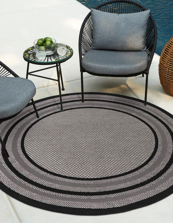 Unique Loom Outdoor Border Multi Border Machine Made Border Rug Gray, Black/Gray/Silver 6' 0" x 6' 0"