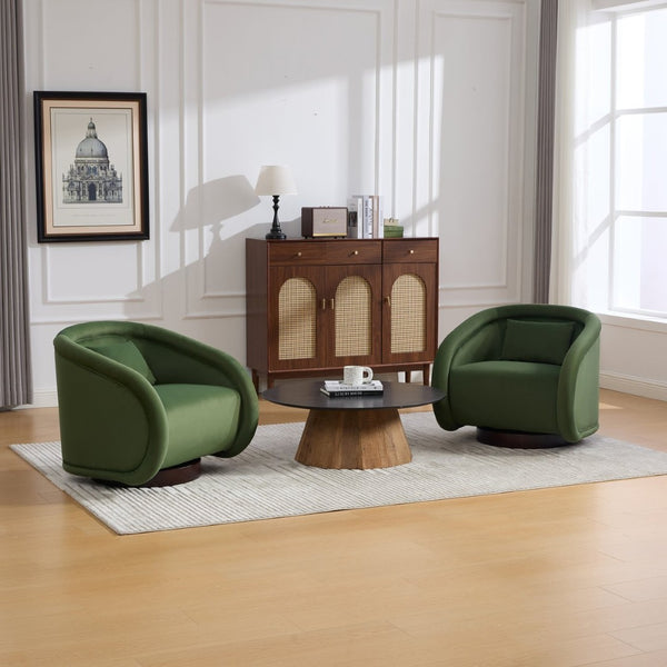 English Elm Swivel Barrel Chair Pumpkin Sculptural Velvet Upholstered with Walnut Wood Round Base Green W3244P427740