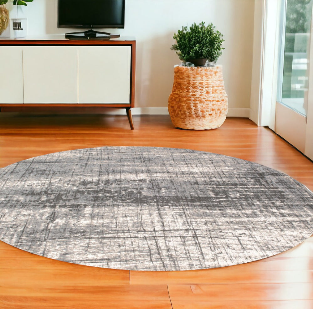 HomeRoots 3' Gray and White Abstract Non-Skid Area Rug - Modern Design for Entryways and Kitchens, Easy Care 8' Round 548403