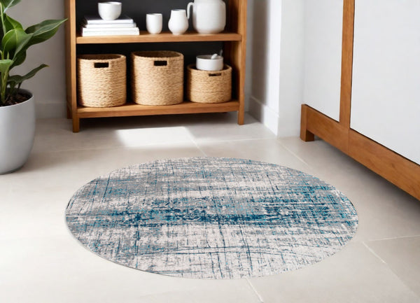 Homeroots 5' Blue And Gray Round Abstract Non Skid Area Rug  100% Pet 548410