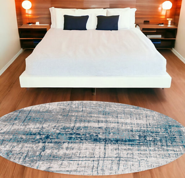 HomeRoots 3' Blue and Gray Abstract Non-Skid Area Rug for Entryways and High-Traffic Spaces - Modern Design 8' Round 548411