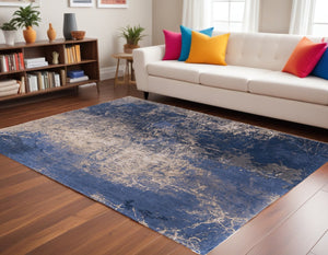 HomeRoots 3'' Blue and Gray Abstract Non-Skid Area Rug for Entryways and Kitchens - Modern, Low-Pile Design 8' X 11' 548448