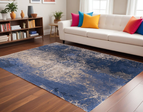 HomeRoots 3'' Blue and Gray Abstract Non-Skid Area Rug for Entryways and Kitchens - Modern, Low-Pile Design 8' X 11' 548448