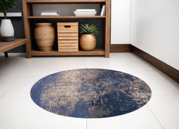 Homeroots 5' Blue And Gray Round Abstract Non Skid Area Rug  100% Pet 548450