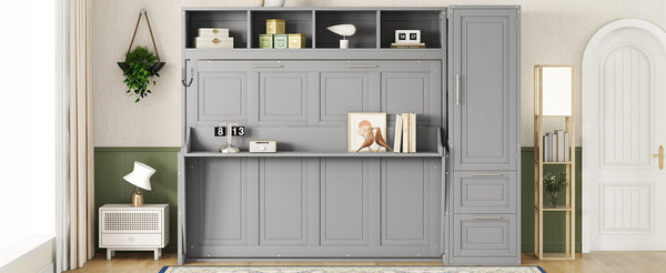 English Elm Queen Murphy Wall Bed with Integrated Wardrobe and Drawers for Studio or Guest Room Gray LP000793AAE-2