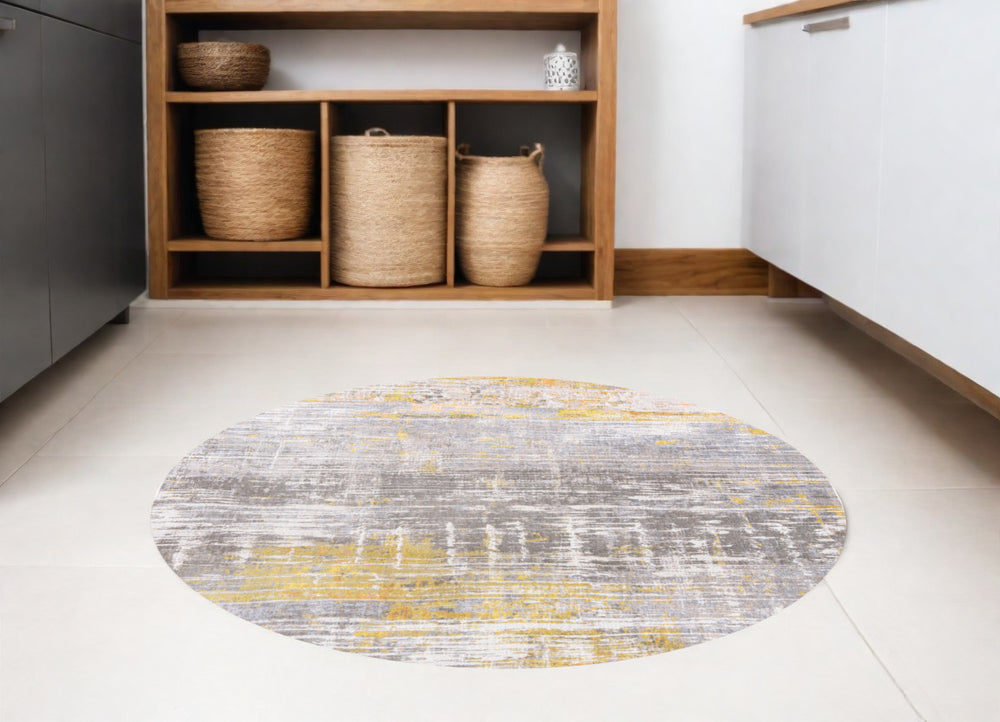 Homeroots 5' Gray And Yellow Round Abstract Non Skid Area Rug  100% Pet 548486