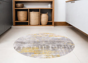 Homeroots 5' Gray And Yellow Round Abstract Non Skid Area Rug  100% Pet 548486