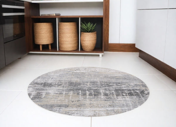 HomeRoots 3' Gray and White Abstract Non-Skid Area Rug - Modern Design for Entryways, Kitchens & More! 8' Round 548495