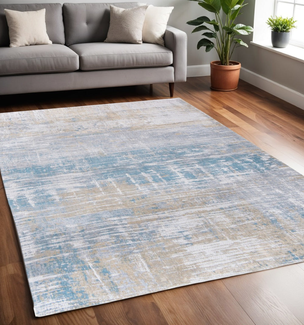 HomeRoots 3'' Blue and Yellow Abstract Non-Skid Area Rug - Perfect Accent for Entryways and High-Traffic Spaces 5' X 7' 548497